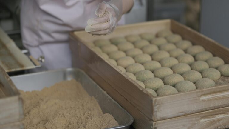 Close-up view of mochi being prepared in a kitchen, showcasing traditional techniques.