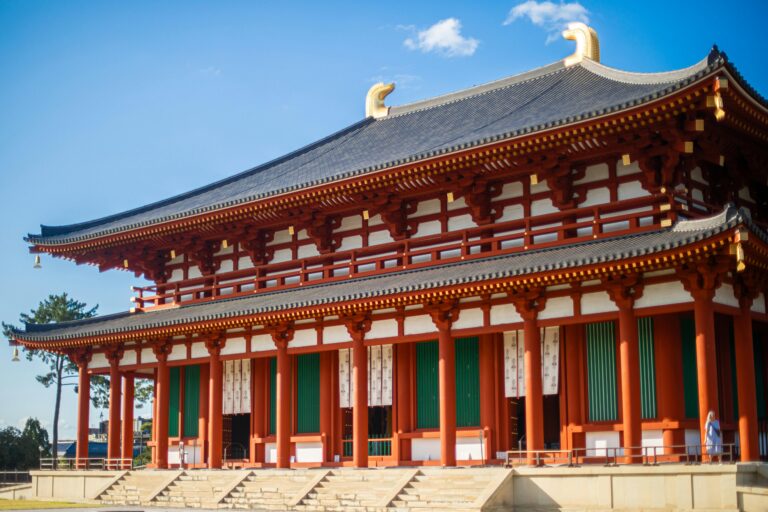 Captivating view of Kofuku-Ji Temple, a historic landmark in Nara, Japan, showcasing traditional Japanese architecture.