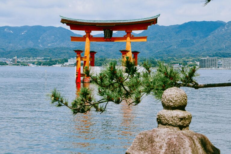 Beautiful view of the floating Torii gate at Itsukushima Shrine, Japan.